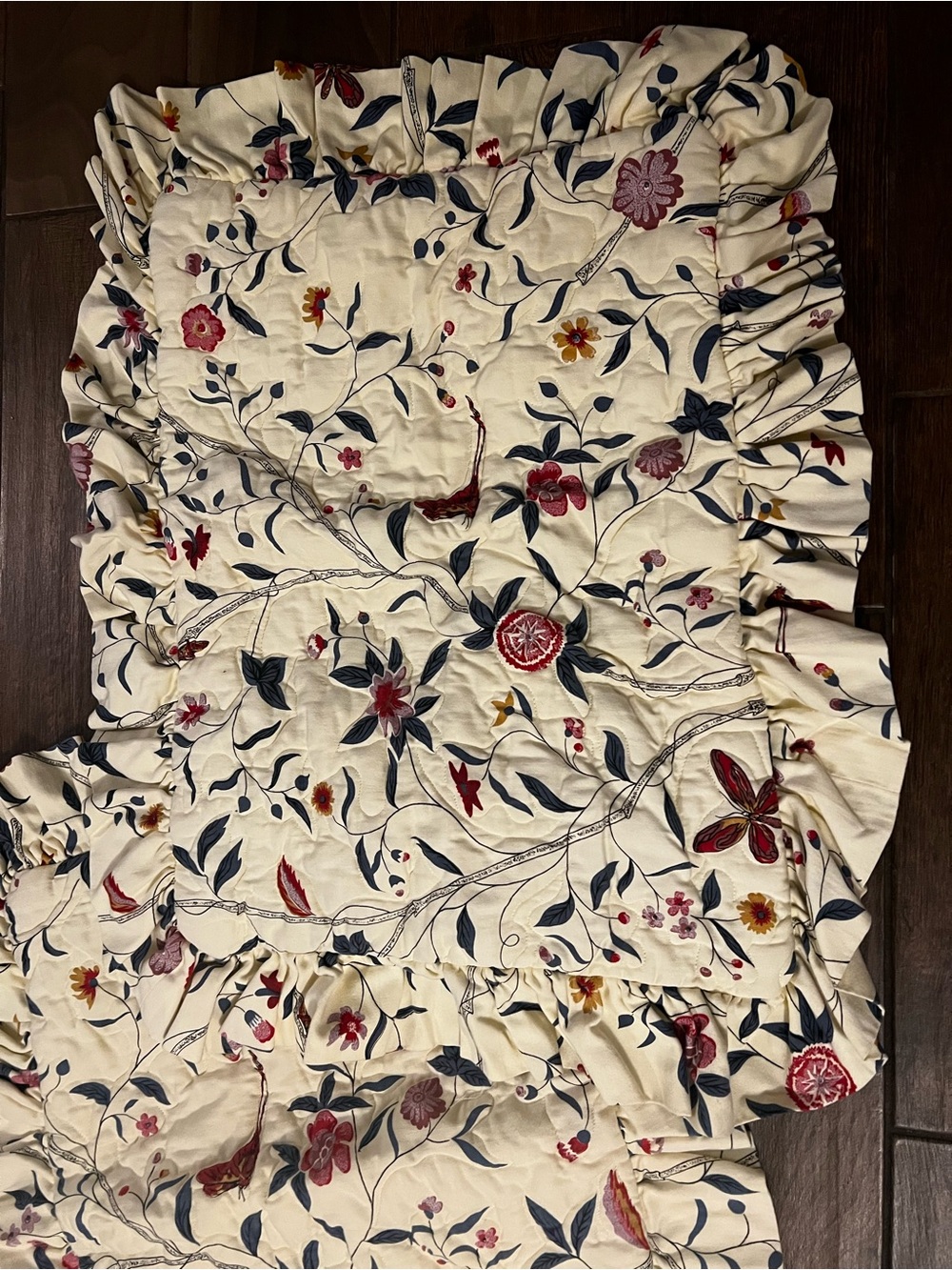Set of 2 Vintage Yellow Floral Ruffled Quilted Pillow Shams